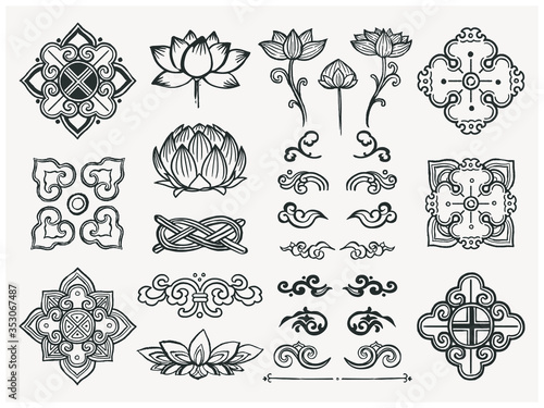 Set of hand drawn oriental elements. Black mandalas and lotus. Asian traditional design. 