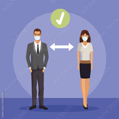 business couple working and wearing medical masks