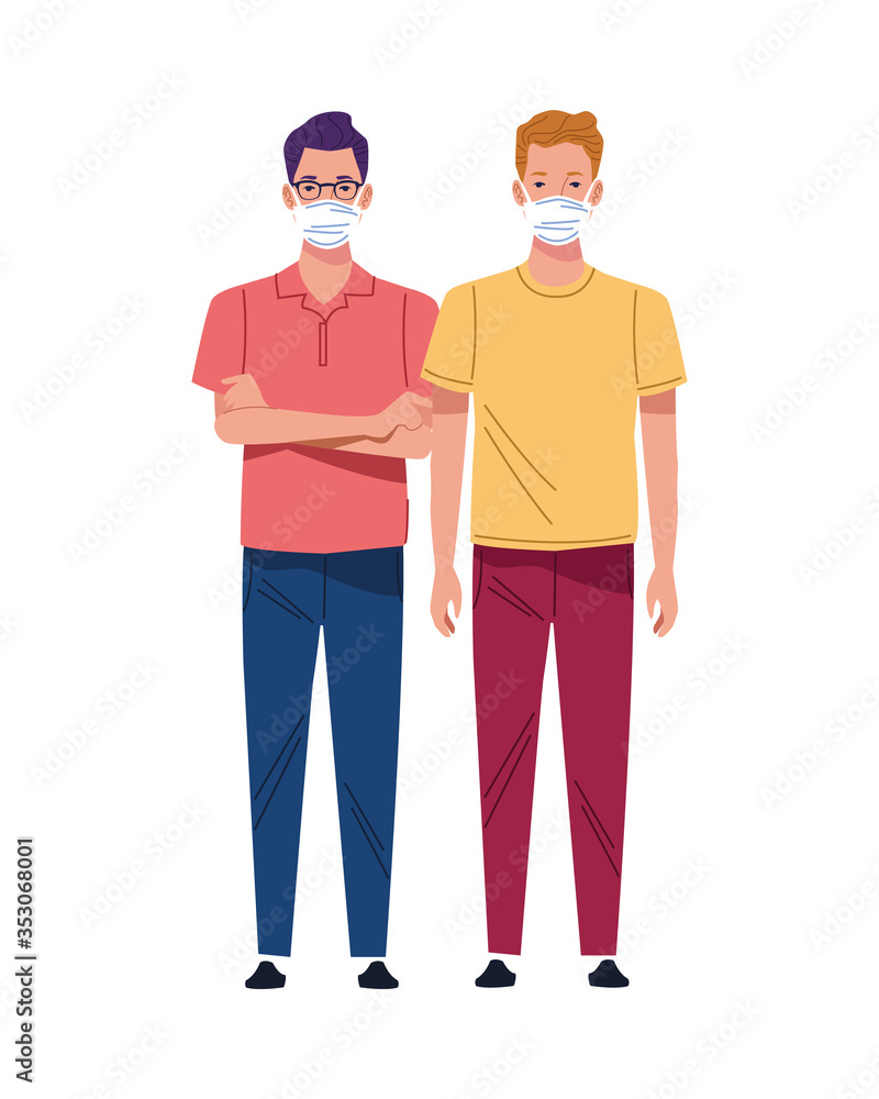 young men using medical masks characters young men using medical masks characters