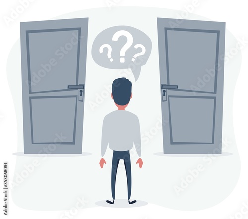 Two doors, men unable to make the right decision concept with question marks above his head. Vector flat design illustration.