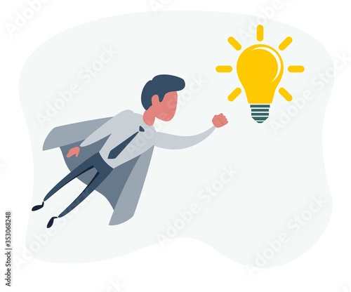 Businessman superhero holding creative lightbulb. Business idea concept. Vector illustration