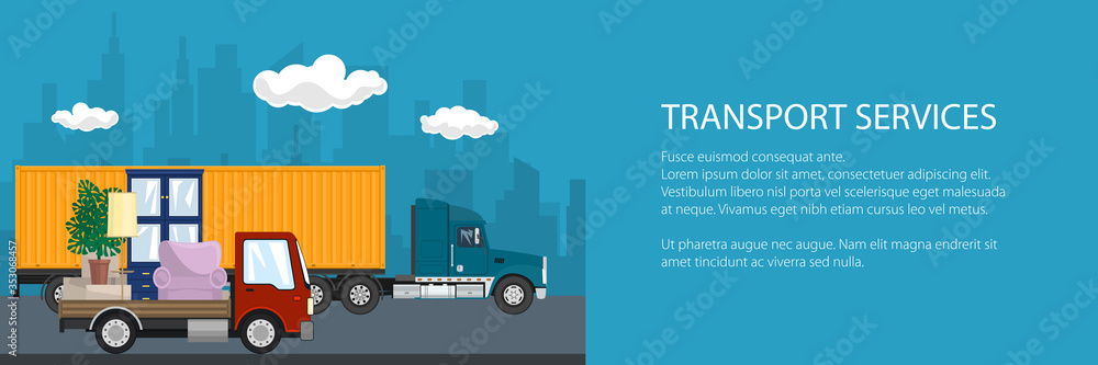 Banner of road transport and logistics, cargo truck and red lorry with furniture go on the road, shipping and freight of goods, vector illustration Banner of road transport and logistics, cargo truck and red lorry with furniture go on the road, shipping and freight of goods, vector illustration