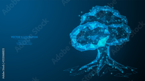 Fantastic future tree close-up. Communication concept, internet connection, cyber security, analysis, smart world. Innovative technology. 3d low poly wireframe model vector illustration.