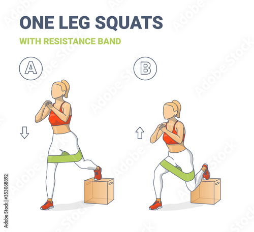 Single Leg Squats with Resistance Band Girl Home Workout Exercise Colorful Concept.