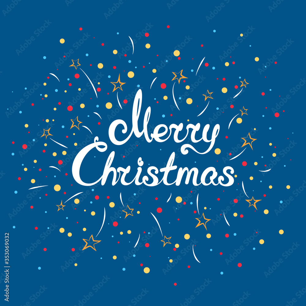 Bright christmassy winter background, text Merry Christmas on a trendy blue background, fireworks and stars with colorful snowballs , vector illustration