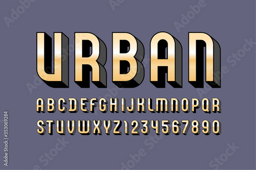 3D Font from geometric module, trendy golden alphabet, modern condensed capital Latin letters from A to Z and Arab numbers from 0 to 9 for you designs, vector illustration 10EPS