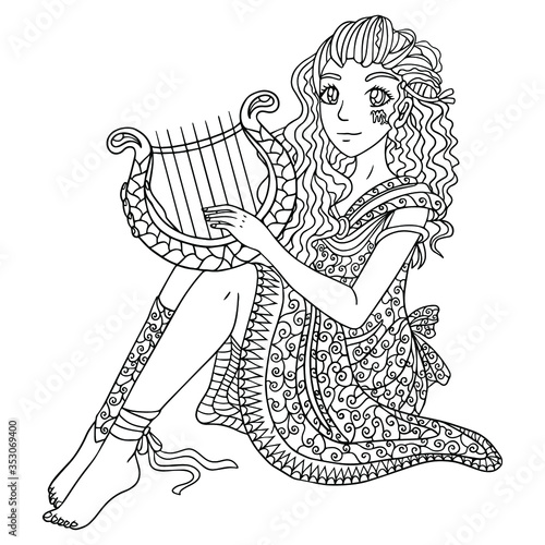 Beautiful girl in antique dress with lyre. Lady as virgo zodiac. Coloring book page for adult. Vector illustration with doodle and zentangle elements.