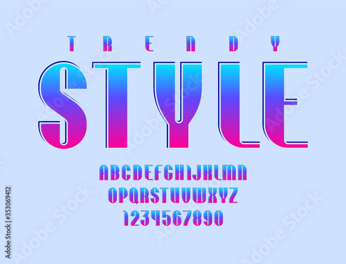 Graphic trendy font, gradientr colored alphabet sans serif, modern uppercase Latin letters from A to Z and Arab numbers from 0 to 9 for you designs, vector illustration 10EPS