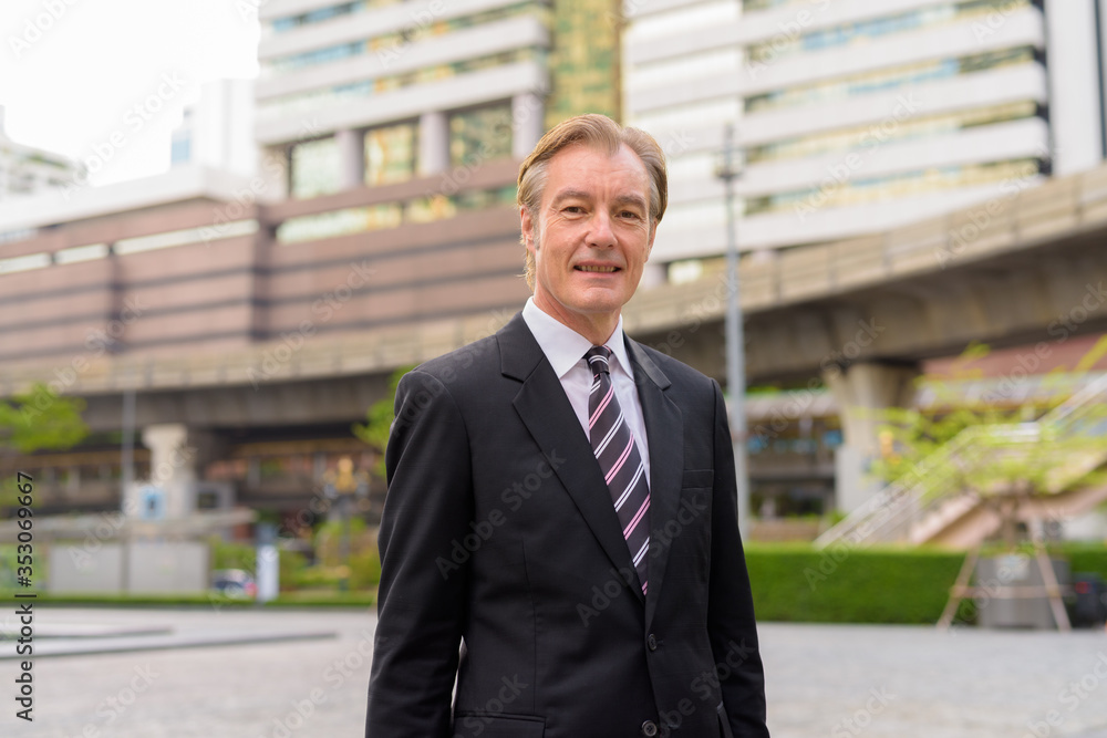 Happy mature handsome businessman smiling in the city outdoors Happy mature handsome businessman smiling in the city outdoors