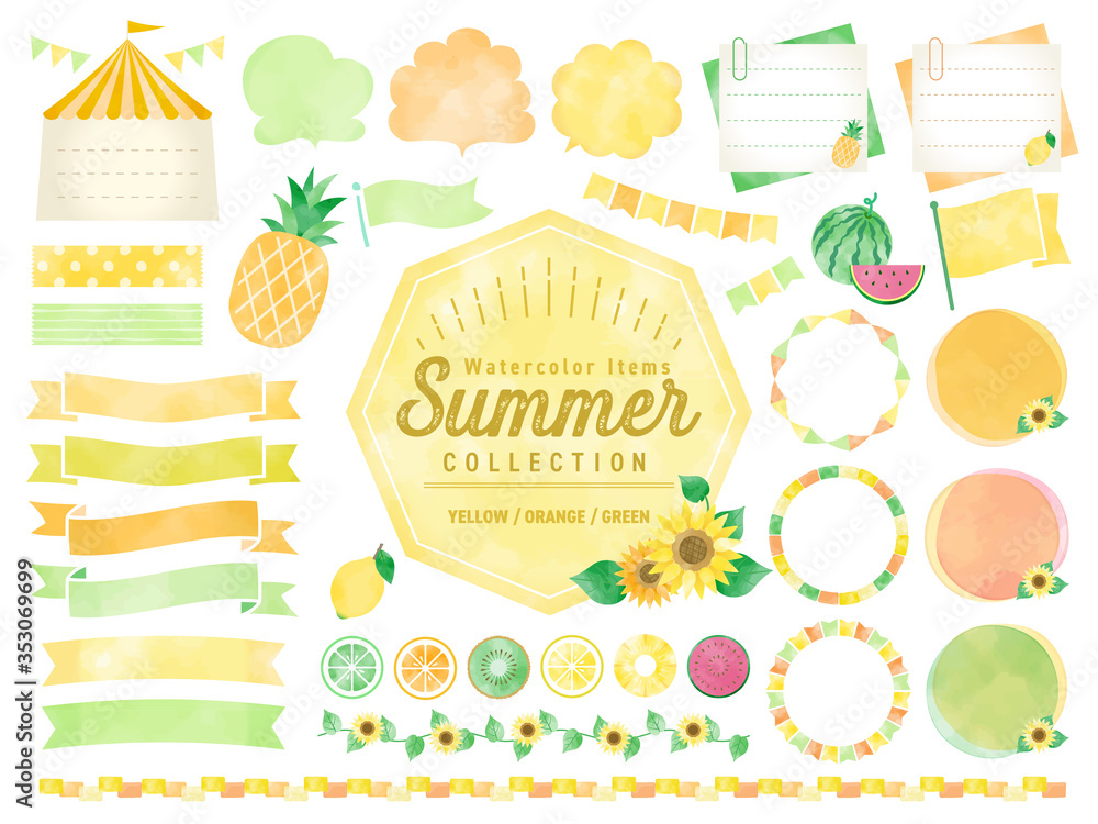 夏、水彩、ひまわり、黄色、フレーム 、バナー、吹き出し