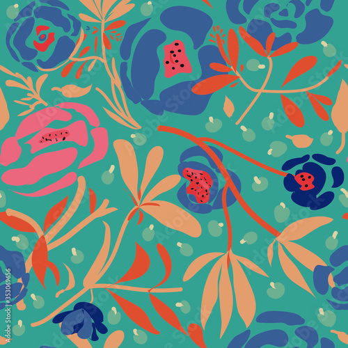 Abstract floral vector seamless repeat pattern, with 70's color schemes, orange, blue, teal color theme,on-trend floral designs perfect for fabrics,, wall paper, and home decor products © Dani Jay Designs