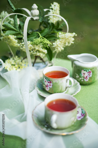Two cups of hot tea. Glass Cups Tea. Outdoor.