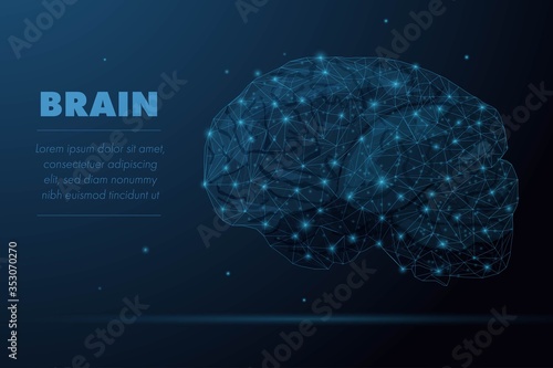 Futuristic glowing low polygonal human brain anatomy model made of stars, lines, dots, triangles isolated on dark blue background. Artificial intelligence and neurology concept.