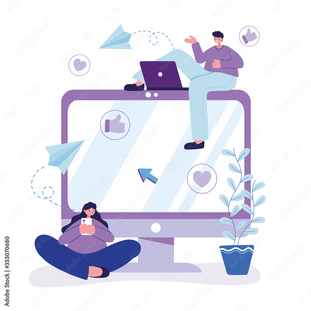 young man with laptop and woman with smartphone chatting young man with laptop and woman with smartphone chatting