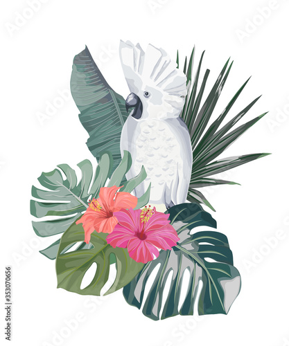 Jungle summer print with parrot and tropical leaves. Isolated illustration on...