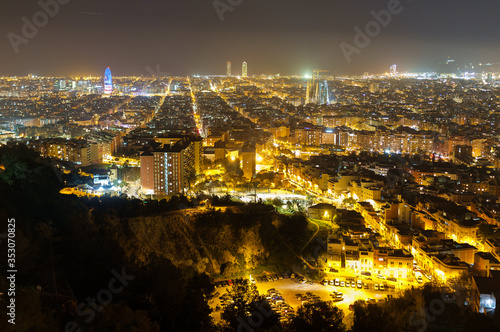 View from the top of Park Guinardo, one of the east side hills in Barcelona. The night skyline of Barcelona. 