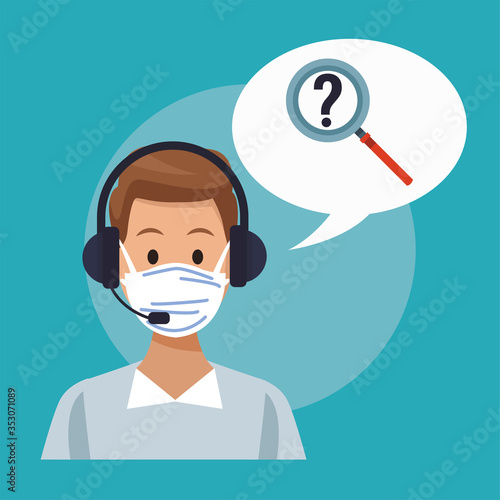 call center support male worker wearing medical mask