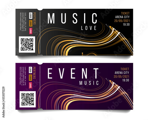 Template layout of musical concet admission tickets with abstract fluid wave forming string musical instrument shape, in two color combinations black and gold and violet