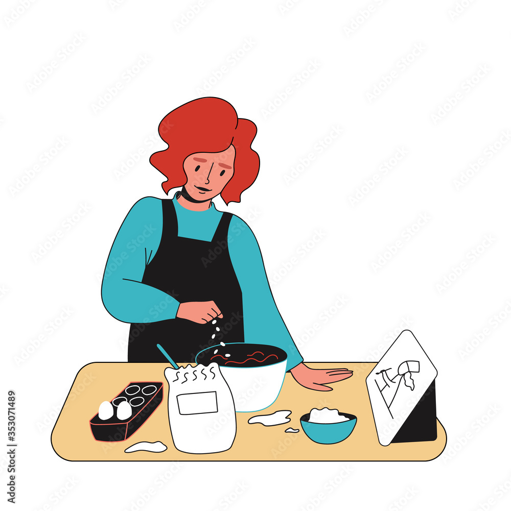 Hand-drawn young woman in an apron prepares homemade food. The cooking process is based on a video tutorial. A person learns to cook.Color vector illustration on an isolated white background. Hand-drawn young woman in an apron prepares homemade food. The cooking process is based on a video tutorial. A person learns to cook.Color vector illustration on an isolated white background.