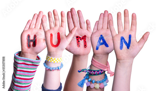 Children Hands Building Colorful English Word Human. White Isolated Background