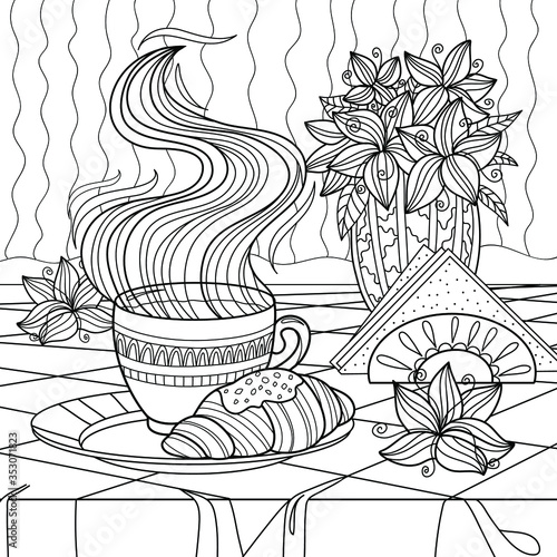 Breakfast with cup of coffee or tea and with croissant. Vector outline illustration for coloring book pages for adult. Isolated line art of coffee pause. Doodle and zentagle elements. photo