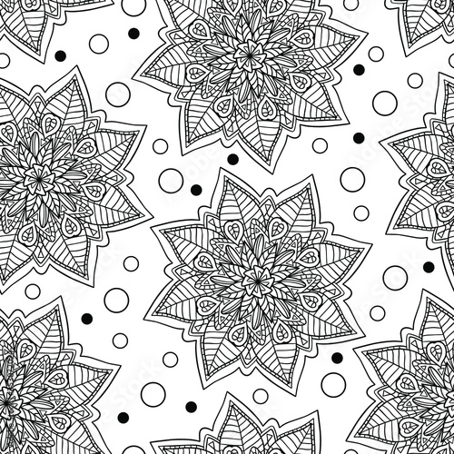 Seamless patern of floral mandalas. Outline illustration for print wallpaper, fabric textile, wrapping paper, decoration. Vector line art isolated on white.