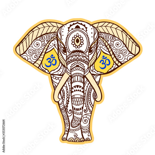 Boho Black elephant. Vector illustration. Elephant and sign Om