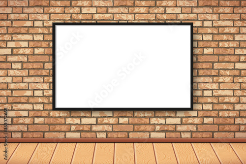 Flat Interior with empty white picture frame on brown brick wall, wooden floor. Trendy loft room background, fashion gallery exhibition interior. Vector Illustration for web, poster mockup, exposition