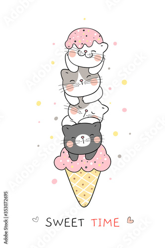 Draw cat in ice cream cones for summer.So sweet time.