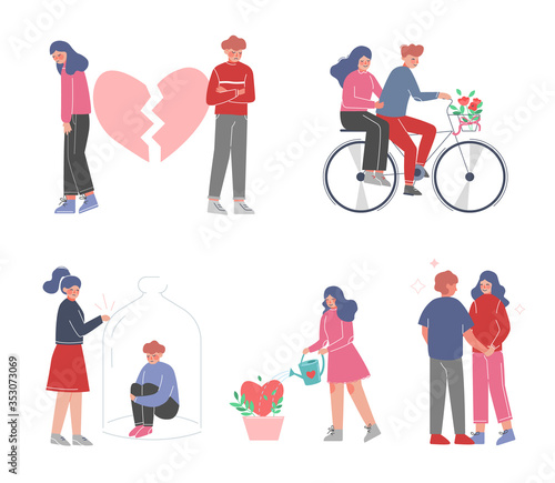 Loving Couples Relationships Set, Couple on Romantic Date, Unrequited or Rejected Love Vector Illustration