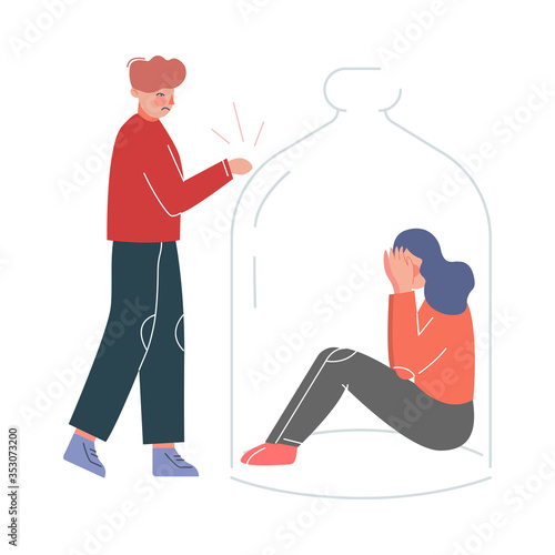 Young Man Trying to Reach on a Girl Sitting under Glass Dome, Unrequited Love, Depression, Loneliness Vector Illustration