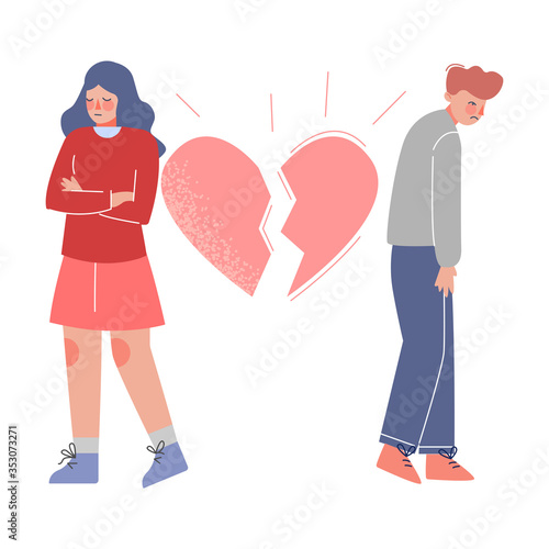 Upset Young Man and Woman Standing with Broken Heart, Breakup, Divorce Vector Illustration