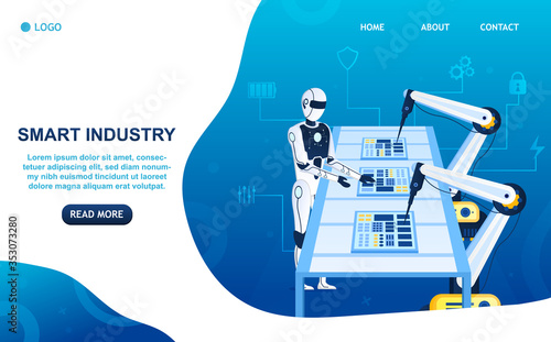 Factory future concept. The humanoid robot controls the production process Robotic Arms. Assembly of computer chips. Smart electronics. Futuristic Engineering. Factory automation, Industry 4.0. Vector