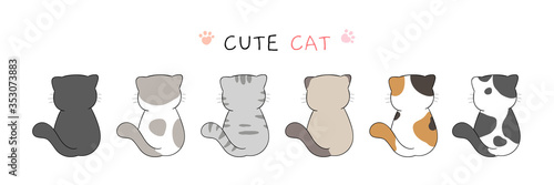 Draw collection back of cute cat on white.Doodle cartoon style.