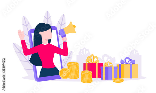 Loyalty program flat style design vector illustration concept. Woman with megaphone loud speaker standing up in the smartphone and shout out to the people. Refer a friend program.