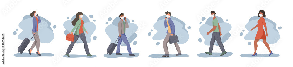 Man and woman in protective face dust masks. People wearing protection from urban air pollution, smog, vapor. Coronavirus quarantine, respiratory virus concept. Flat cartoon vector illustration. Man and woman in protective face dust masks. People wearing protection from urban air pollution, smog, vapor. Coronavirus quarantine, respiratory virus concept. Flat cartoon vector illustration.