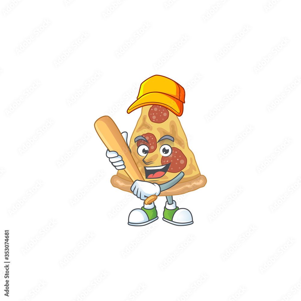 cartoon design concept of slice of pizza playing baseball with stick cartoon design concept of slice of pizza playing baseball with stick