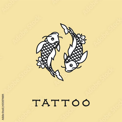 Pisces zodiac sign tattoo with two koi fishes floating around each other. Oriental illustration, Ideas for tattoos, prints, tshirts.