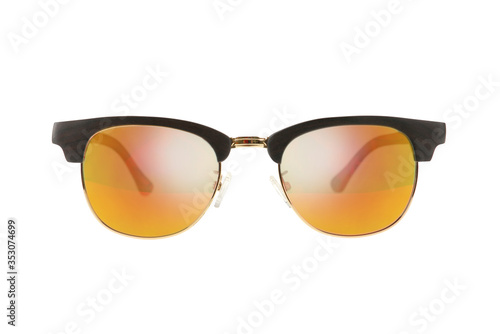 Glasses with wood-metal rim and brown-orange glasses on white background