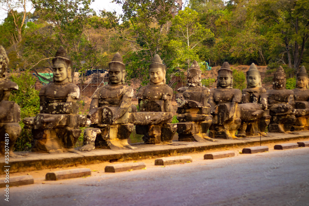 Fototapeta premium A beautiful view of statues in Angkor Thom temple at Siem Reap, Cambodia.