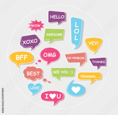 Set of bubble talk phrases Clouds for online chat with different words Suitable for dialogue to illustrate reactions. Chat baloons Colorful chat messages Vector Illustration on white background EPS 10