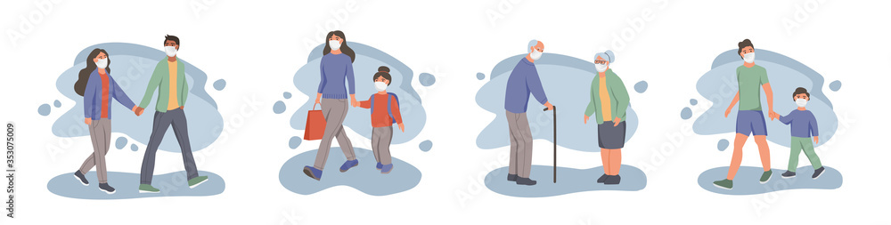 Men and women  in protective face dust masks. People wearing protection from urban air pollution, smog, vapor. Coronavirus quarantine, respiratory virus concept. Flat cartoon  vector illustration.