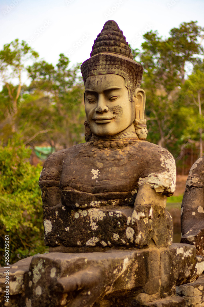 Naklejka premium A beautiful view of statues in Angkor Thom temple at Siem Reap, Cambodia.
