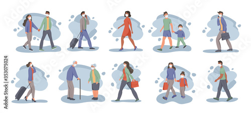 Men and women in protective face dust masks. People wearing protection from urban air pollution, smog, vapor. Coronavirus quarantine, respiratory virus concept. Flat cartoon vector illustration.