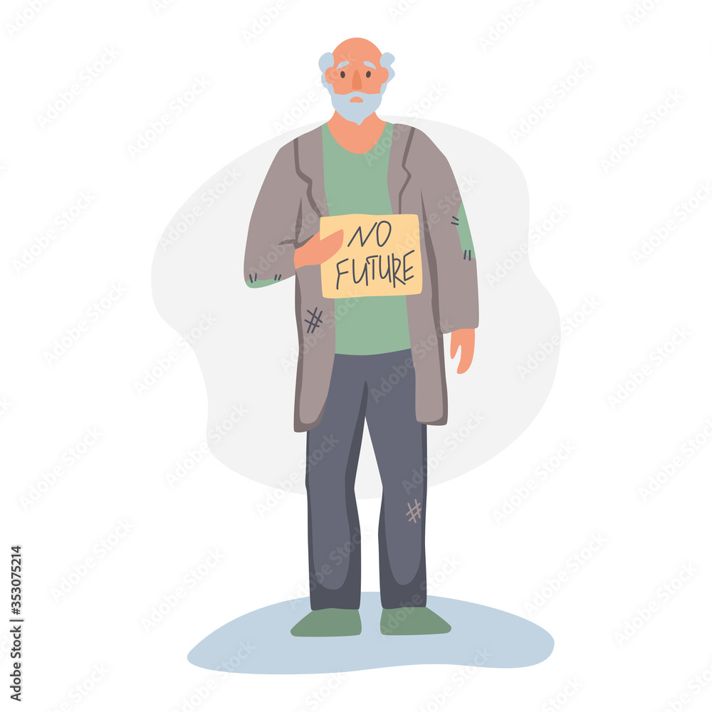 A homeless man begs on the street. The concept of poverty, misery, unemployment, volunteers. Flat cartoons vector illustration.