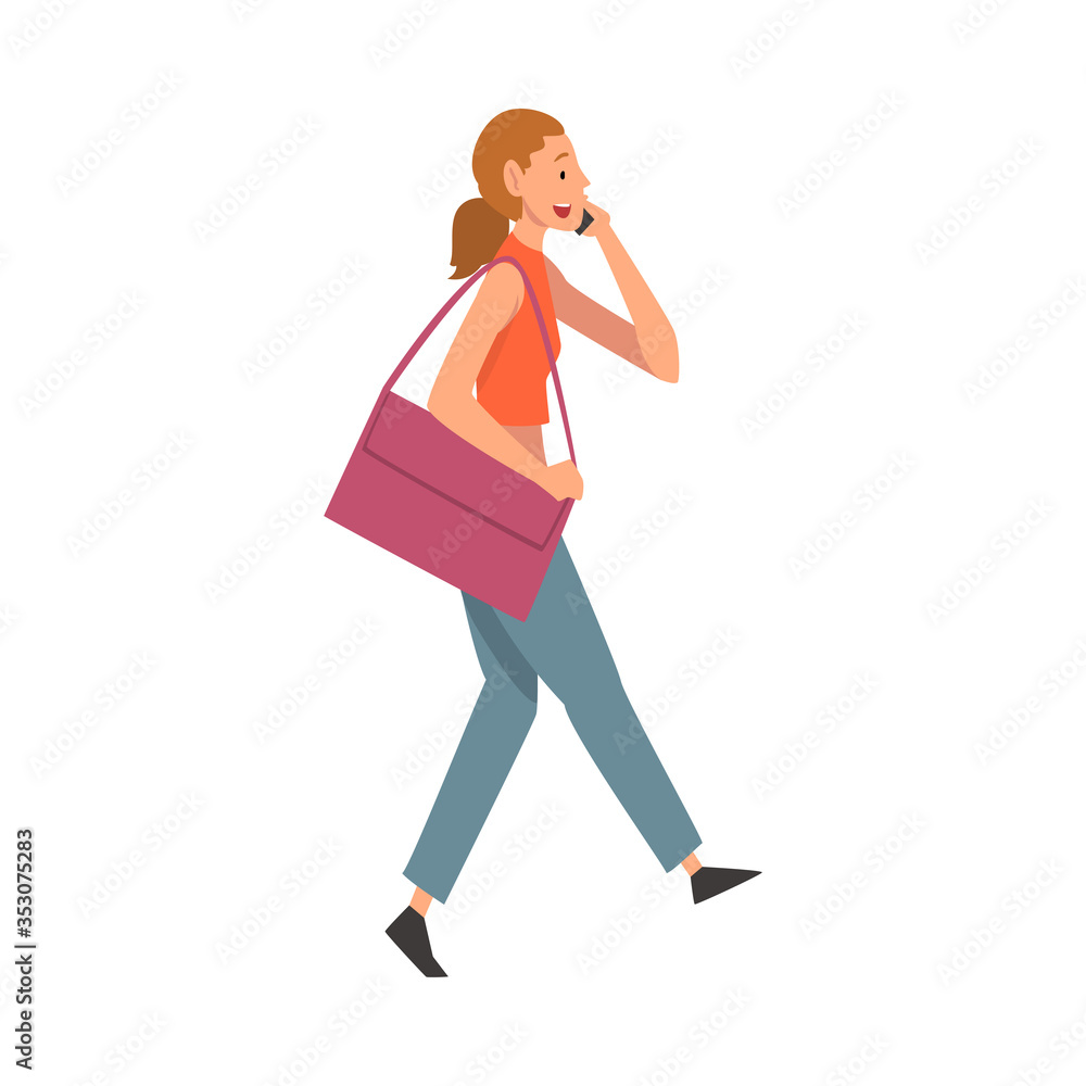 Girl Talking on Smartphone While Walking, Young Woman Using Digital Gadget Vector Illustration Girl Talking on Smartphone While Walking, Young Woman Using Digital Gadget Vector Illustration