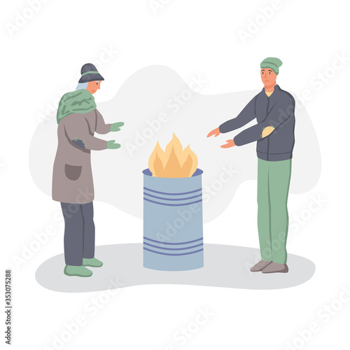 Homeless people warm themselves by the fire. The concept of poverty, misery, unemployment, volunteers. Flat cartoons vector illustration.