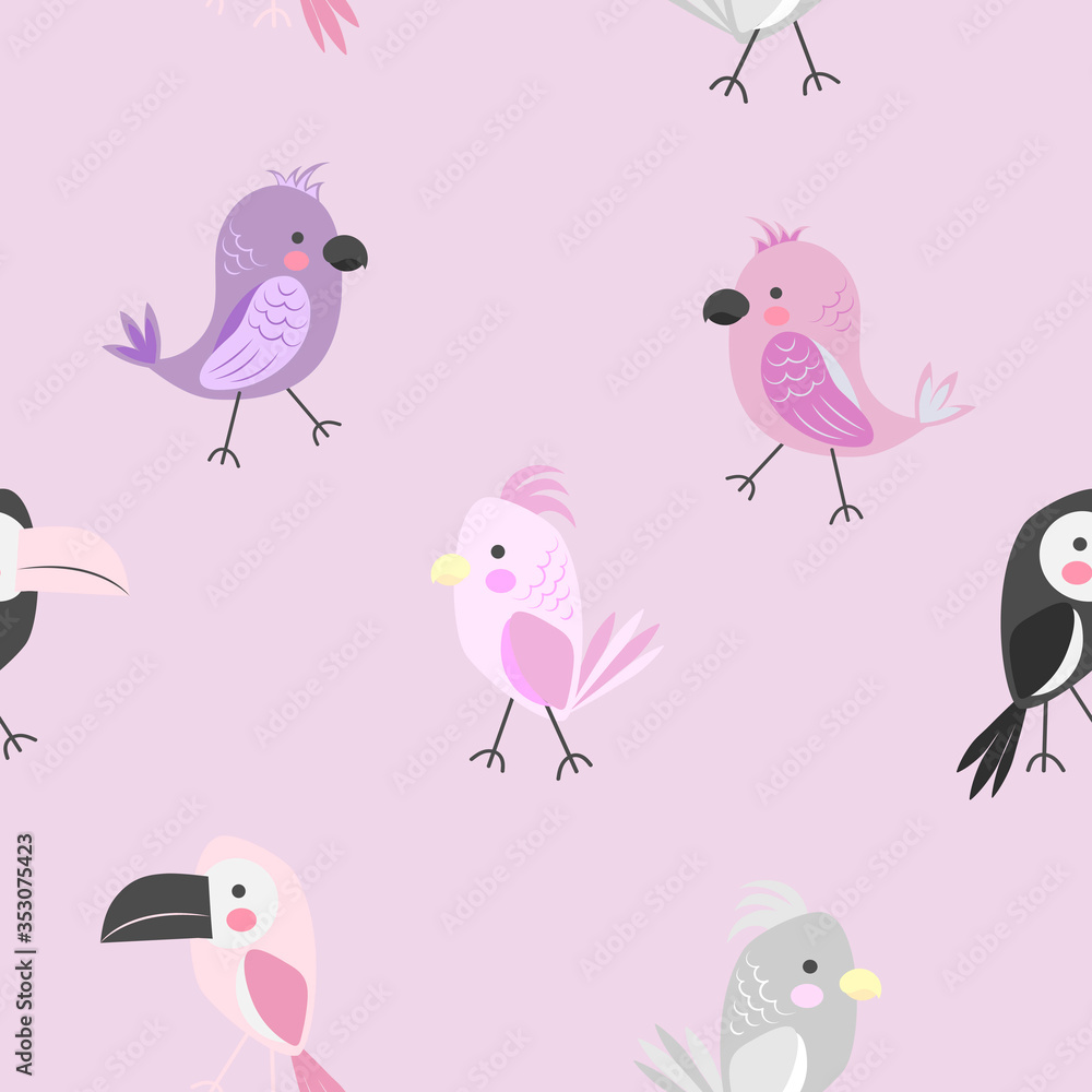 Colored parrots and toucan bird. Seamless pattern. Creative children's style for printing on fabric, paper, wallpaper, clothes. Vector illustration isolated on a pink background.