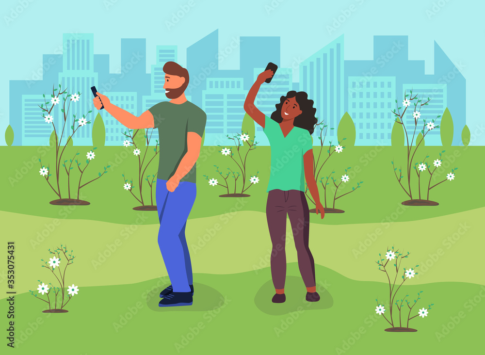 A couple in love takes a selfie in a spring Park against the background of flowering trees. Flat cartoon vector illustration. A couple in love takes a selfie in a spring Park against the background of flowering trees. Flat cartoon vector illustration.
