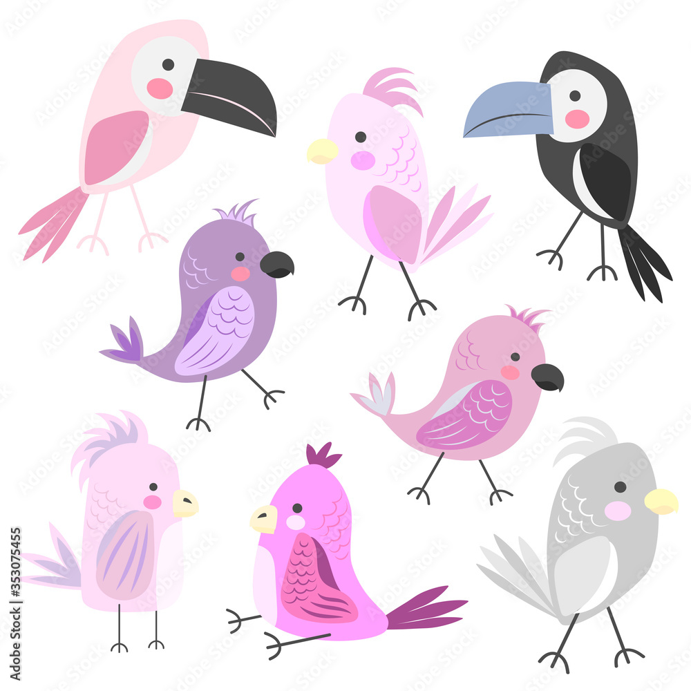 Parrots and toucans. Set of colored cartoon birds. Children's illustration. Flat vector illustration isolated on white background. Parrots and toucans. Set of colored cartoon birds. Children's illustration. Flat vector illustration isolated on white background.